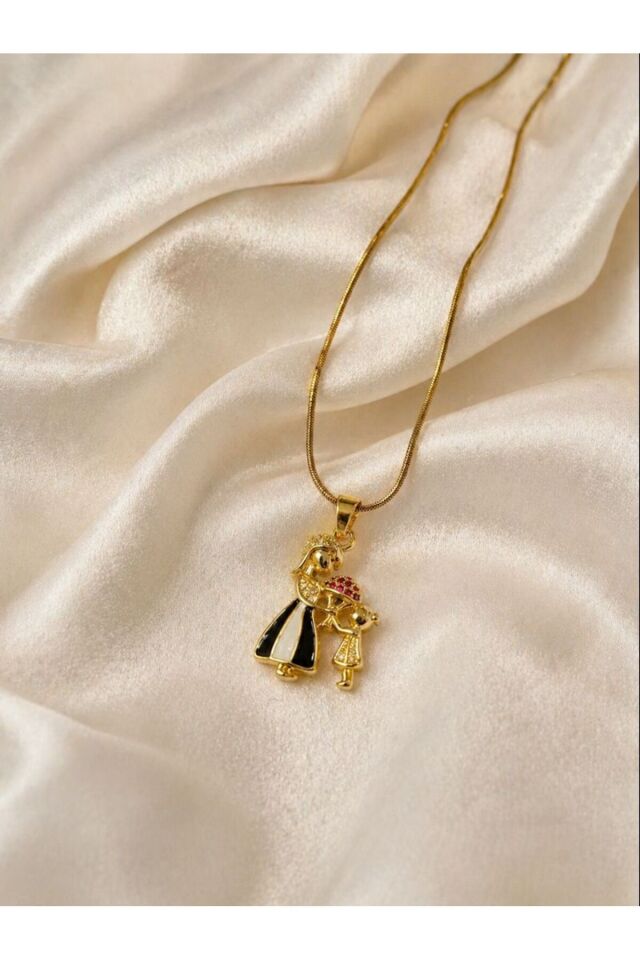 Çelik Altın Renk Zirkon Taşlı Anne Kız Model Kadın Kolye