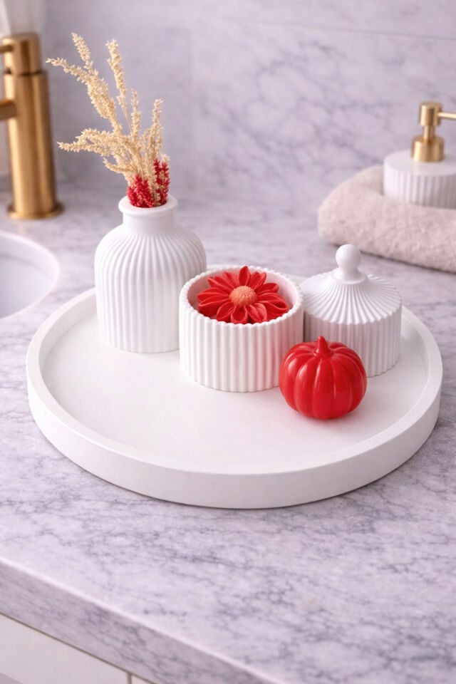 Kırmızı Çiçek Mumlu Dekoratif Tepsi Seti Minimal Vazo ile