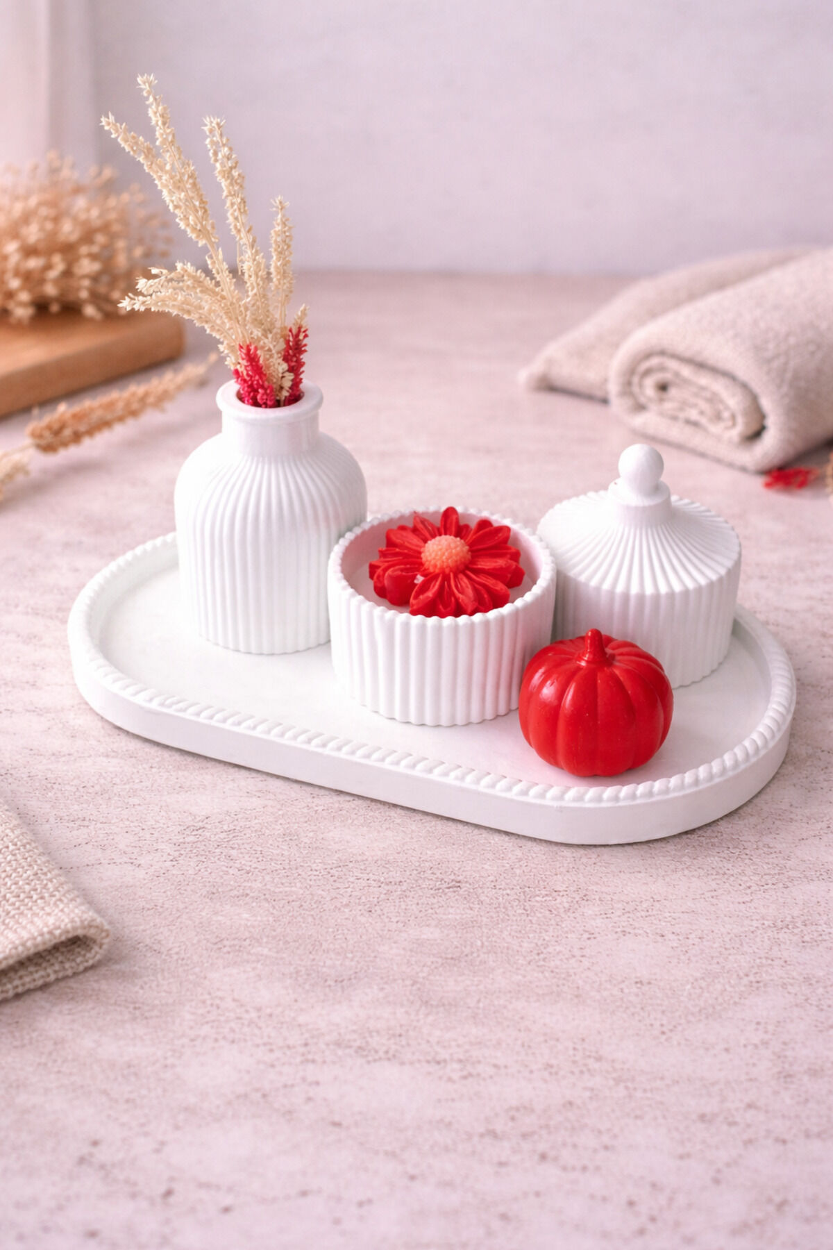 Dekoratif Mumluk Seti Mermer Tepsi Çiçek Mumlu Modern Ev & Banyo Aksesuar