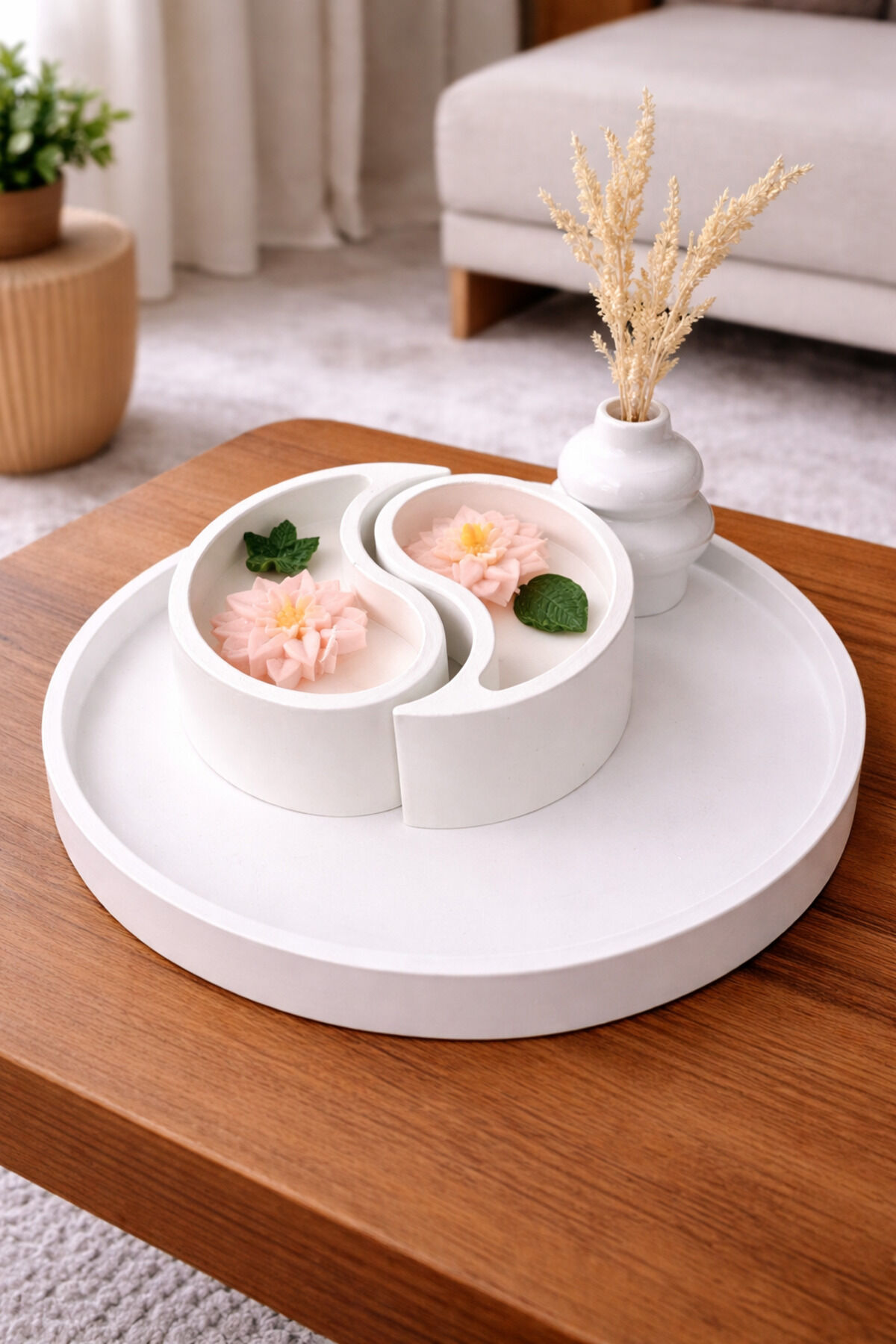 Dekoratif Mumluk Seti Yin Yang Tasarım Çiçek Mumlu Tepsi Modern Ev Dekoru