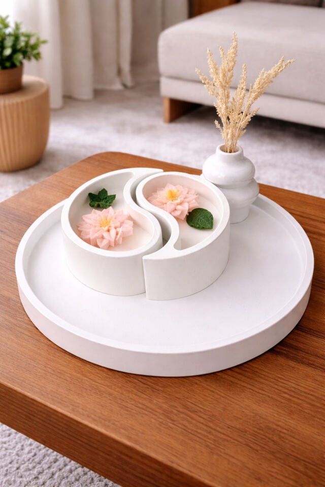 Dekoratif Mumluk Seti Yin Yang Tasarım Çiçek Mumlu Tepsi Modern Ev Dekoru
