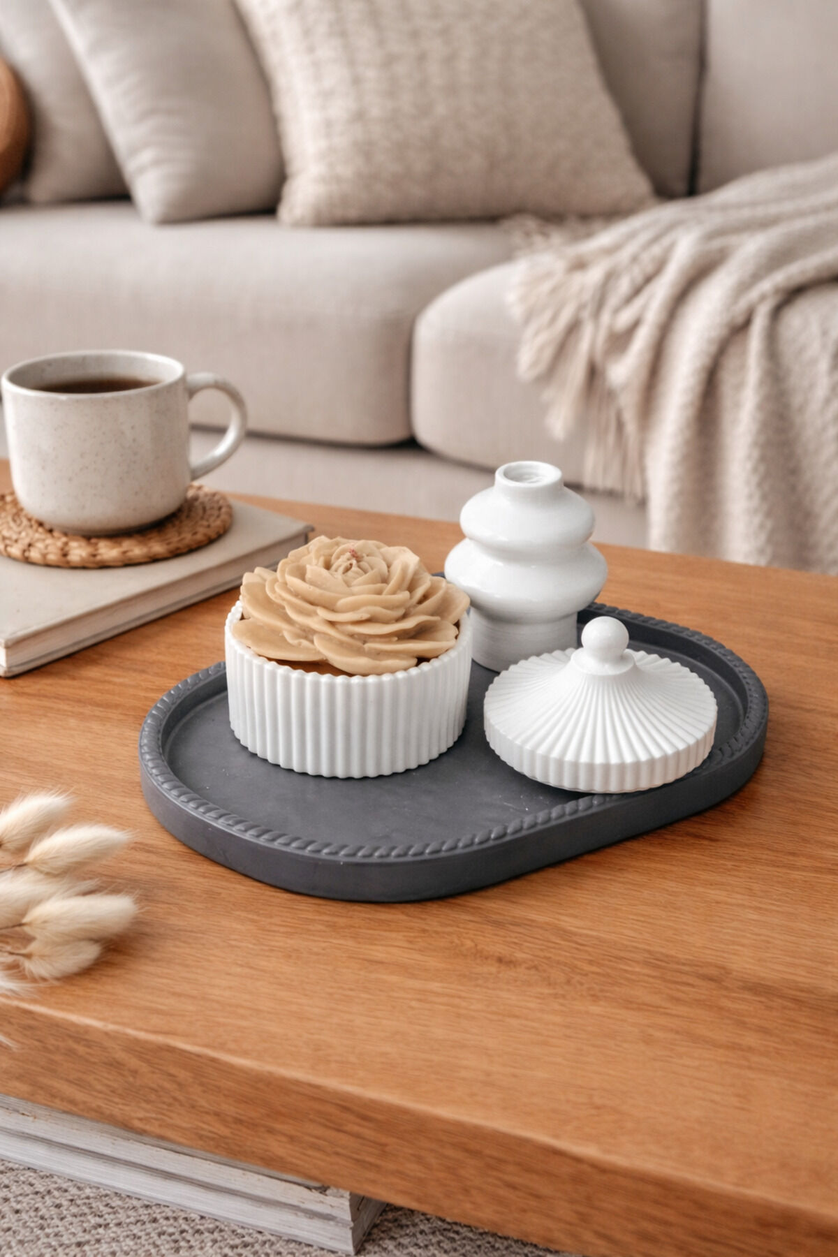 Kapaklı Dekoratif Mumluk Seti Gri Tepsi Çiçek Mum Modern Ev & Banyo Aksesuarı