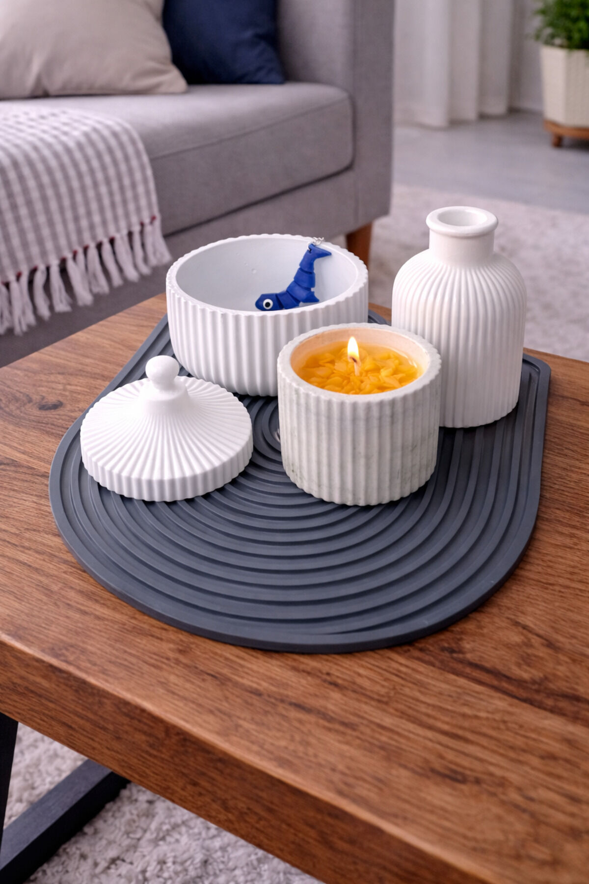 Dekoratif Mumluk Seti Kapaklı Mermer Tepsi Yanan Mum Modern Ev & Banyo Aksesuarı