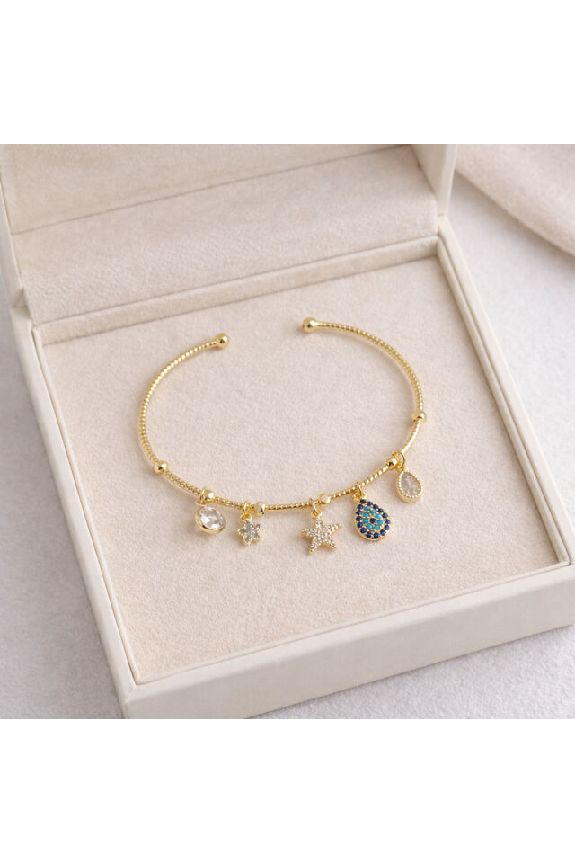 Kadın Gold Nazar Boncuklu Yıldız Charm Detaylı Zirkon Taşlı Kelepçe Bileklik