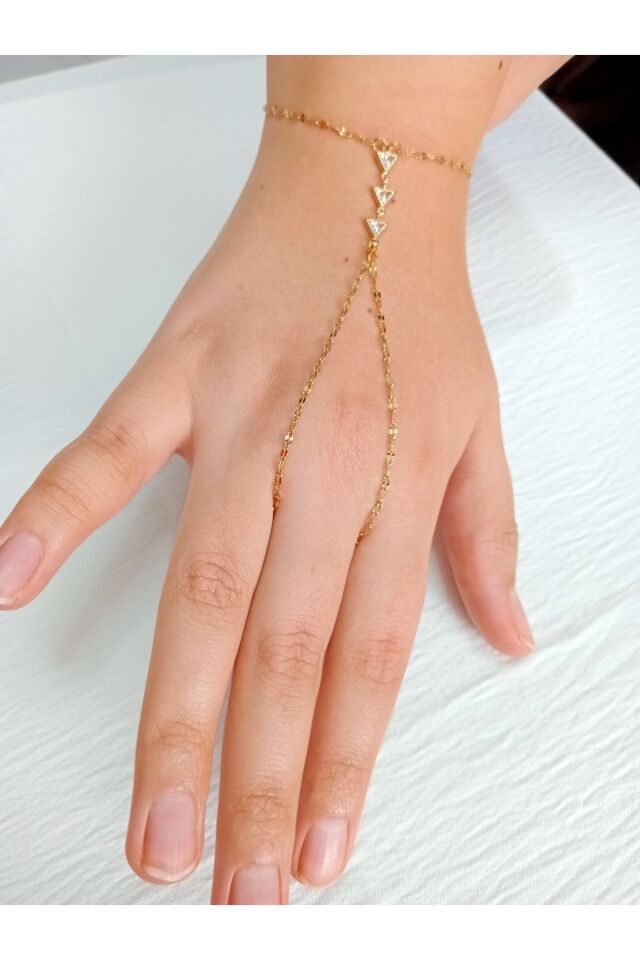 Çelik Altın Renk Üçgen Model Zirkon Taşlı Şahmeran